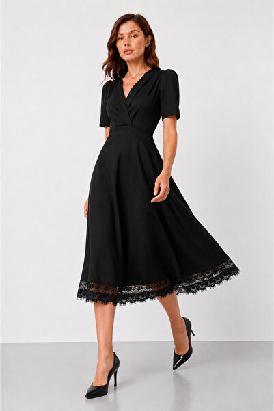 WOMAN VISION Black Crepe Fabric Padded Double Breasted Collar Skirt Black Lac...