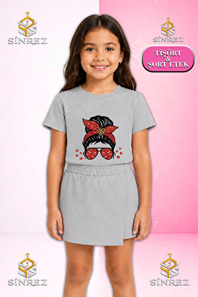 SİNREZ Girl's Set with Glasses, Red Leopard Dsn Printed Short Sleeve T-Shirt,...