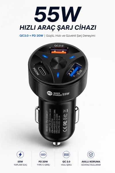 Ventoze 55W Hızlı Araç Şarj Cihazı Çakmaklık Girişli PD 20W Type-C QC 3.0 Üçlü Şarj Aleti