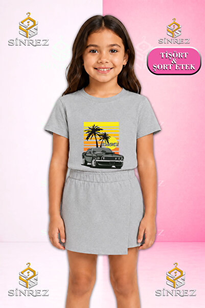 SİNREZ Girl's Set Car Black Palm Smmr Printed Short Sleeve T-Shirt Shorts Skirt