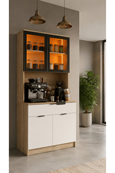 Grcstyle Ledli Kahve Köşesi 1. Sınıf MDF Cam Kapaklı Çok Amaçlı Dolap