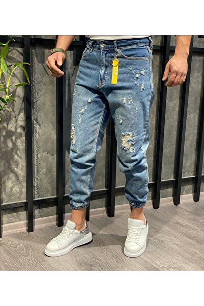 Oliggopol Men's Blue Elastic Leg Jogger Denim Trousers Relaxed Fit Jeans