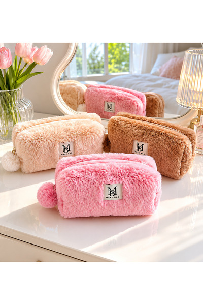 MAKE BAG YENİ İTHAL PONPON PELUŞ 3'LÜ MAKYAJ ÇANTASI SETİ