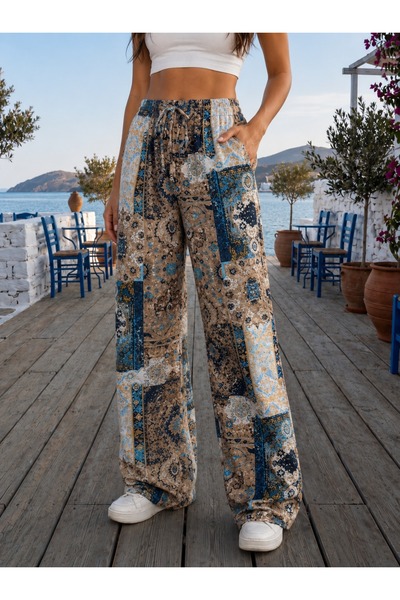 alanora Ethnic Patterned Summer Trousers with Elastic Waist and Comfortable Fit