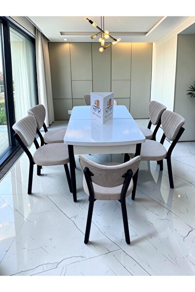 MSY HOME Alva 6 Kişilik Yemek Masası Takımı Baby Face Kumaş Beyaz 80x130 cm M...