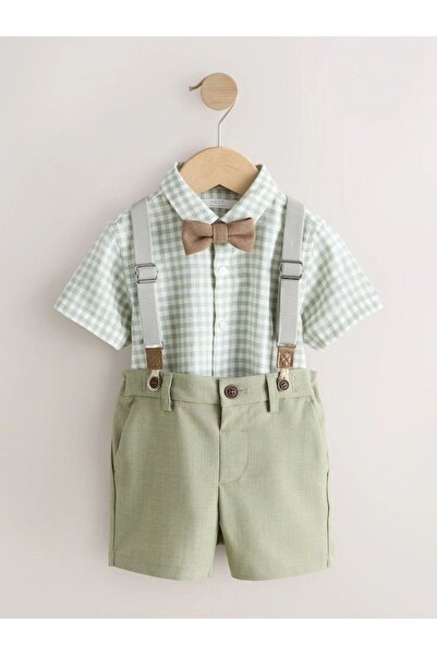 Next Baby Sage Green Plaid Shirt, Shorts, Suspender and Bow Tie Bottom-Top Set