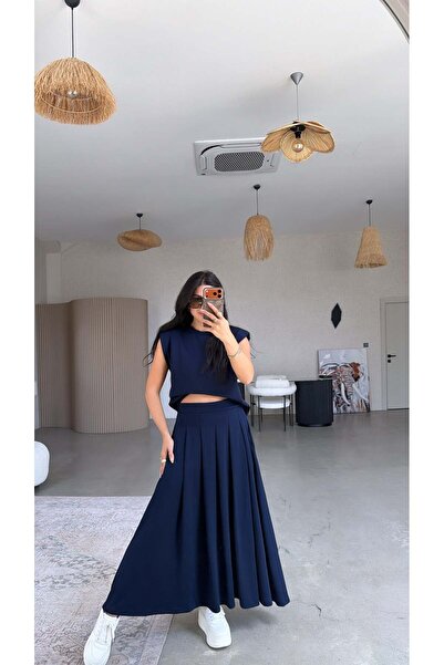 Buket Teke Navy Blue Padded Skirt Blouse Set