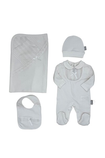 Baby day Classic Cotton 4-Piece Round Neck Striped Trim Baby Layette Set - Pl...