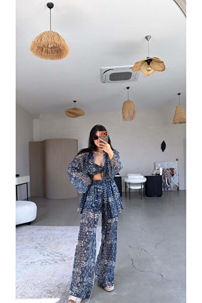 Buket Teke Blue Ethnic Patterned Premium Chiffon Three-Piece Set