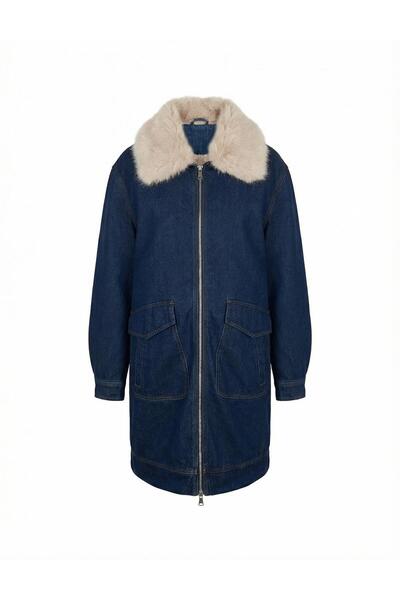Kayra Fur Collar Denim Coat Dark Navy Blue