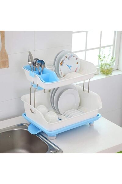 Generic Kitchen Dish Storage Rack, Detachable, Two-Layer, Blue and White, Pla...