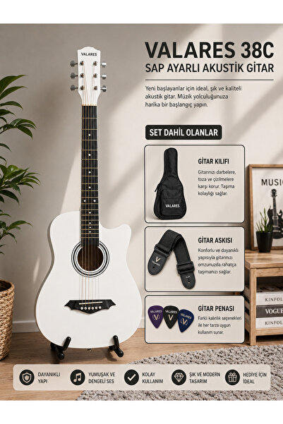 valares 38C Kesik Kasa beyazı Akustik Gitar 38 İnç 4/4 Sap Ayarlı Cutaway + Ç...