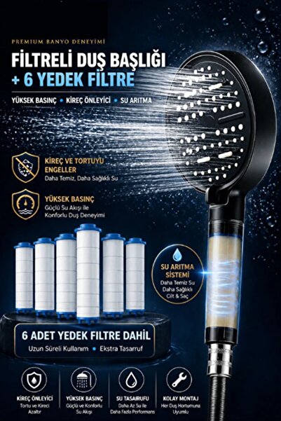 Kitchen Beauty Filtreli Duş Başlığı | 6 Adet Yedek Filtre | Kireç Önleyici | Su Arıtıcı | Klor Arıtıcı | 6 Fonksiyonlu Duş Seti