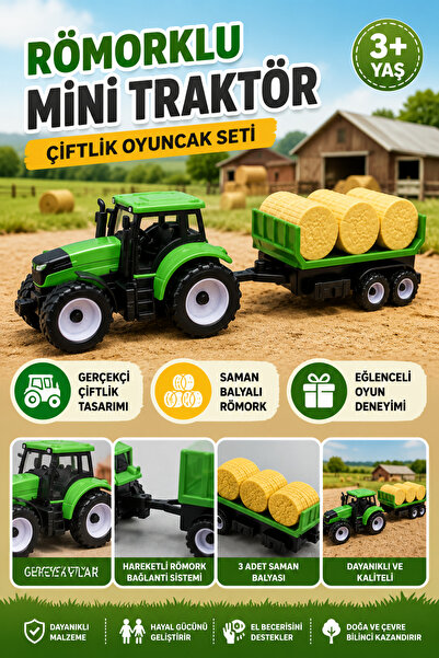 Tamsena Store Römorklu Mini Traktör Çiftlik Oyuncak Seti Saman Balyalı Hareke...