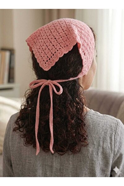Kadın Pembe El Örgüsü Bandana Bohem Stil Dantel Saç Aksesuarı Plaj ve Günlük Kombin Saç Bandı