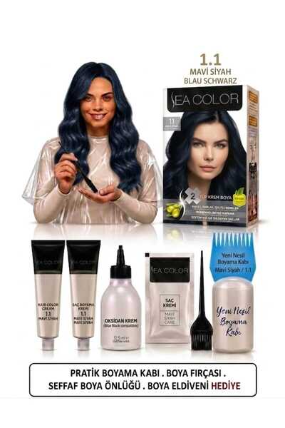 Sea Color Set Saç Boyası 1.1 Mavi Siyah 2 Li +Pratik Boya Kabı