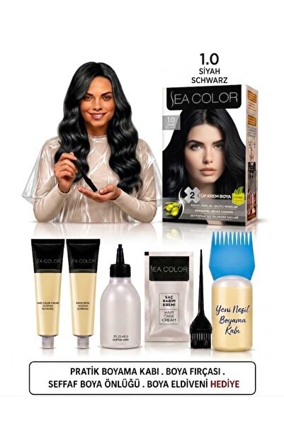Sea Color Set Saç Boyası 1.0 Siyah 2 Li +Pratik Boya Kabı