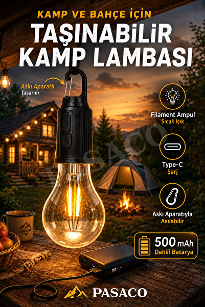 PASACO Şarjlı Kamp Lambası Bahçe Çadır Piknik İçin Askılı Type-C LED Fener 50...