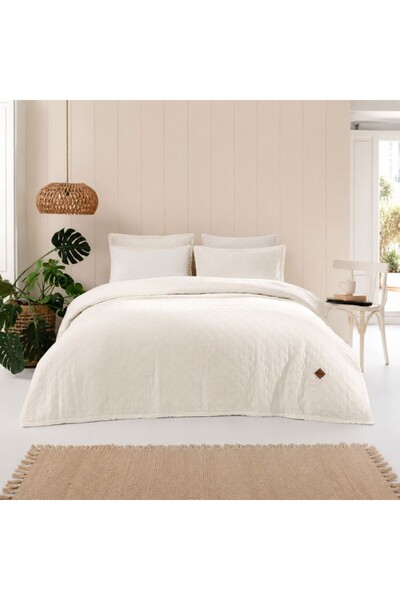 Bahar Tekstil Quilted Cotton cover 220 x 240cm + 2 pillowcases, Manu Dove Ecru