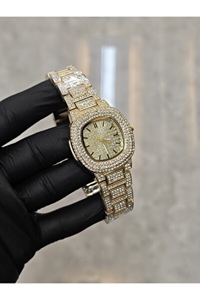 Glapzen Gold Komple Taşlı Kadın Kol Saati - Zirkon Taş İşlemeli Lüks Saat (Ku...