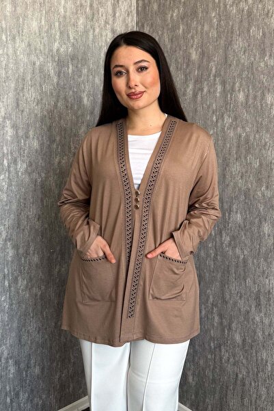 ModaPlaza Cardigan scurt pentru femei, mărime mare, cu guler cu pietre, buzun...