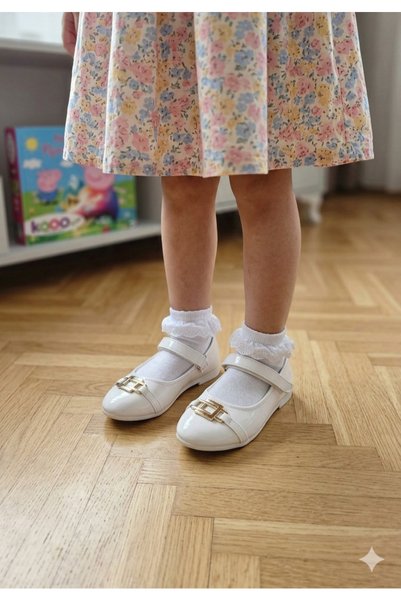 Kids White Girls' Shoes with Gold Buckle, Stylish Model