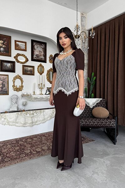 Caddebostan Moda Guipure Detailed Square Collar Fish Model Midi Dress