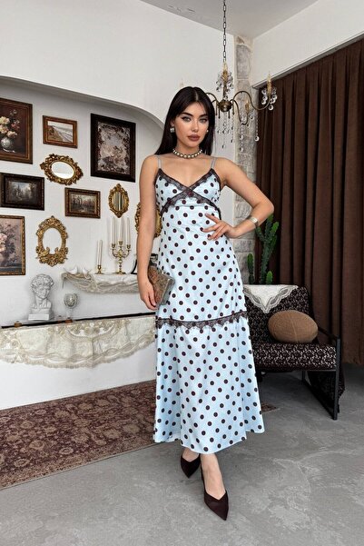 Caddebostan Moda Polka Dot Lace Detailed Satin Strap Midi Dress