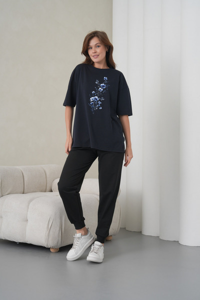 caddekombin Tricou de damă, albastru, cu imprimeu floral, bleumarin, cu gât r...