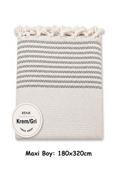 Kreme Gri - Pamuklu Kaymaz Hasır Dokuma Maxi Boy Kolları Örten Koltuk Örtüsü (180x310)