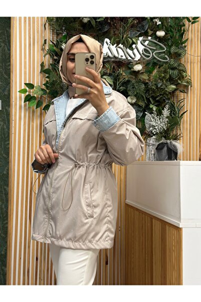 Sernisa Moda Kot Kumaş Detaylı Taşlı İthal Trenç
