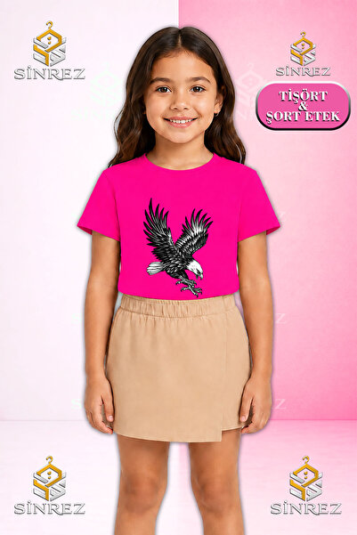 SİNREZ Girl's Set Black Eagle Attack Printed Short Sleeve T-Shirt Shorts Skirt