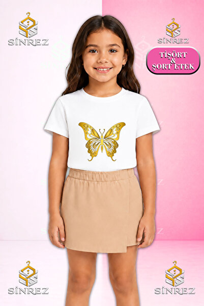 SİNREZ Set pentru fete BUTTERFLY GOLD COLOR Tricou cu mânecă scurtă imprimat ...