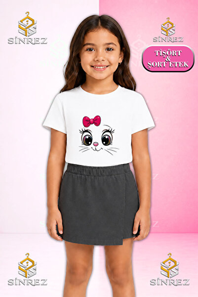 SİNREZ Set pentru fete CAT EYE PMBE KURDALE Tricou cu mânecă scurtă imprimat ...