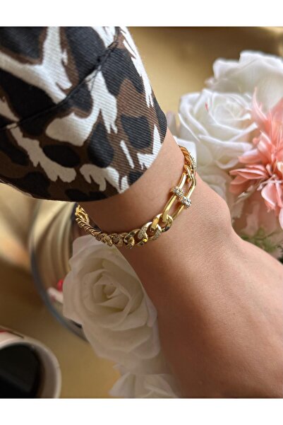 MonCheriAccessoire 14K Altın Kaplama Kuyumcu İşlemeli Kalın Zincir