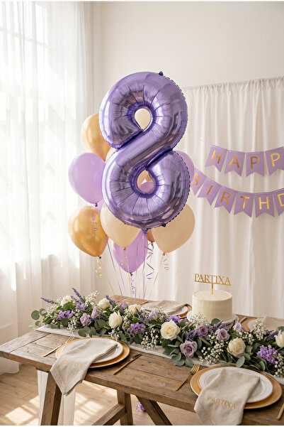Partixa Mor Rakam 8 Balon 32 İnç 80 cm Prenses Unicorn 8 Yaş Doğum Günü Fotoğ...