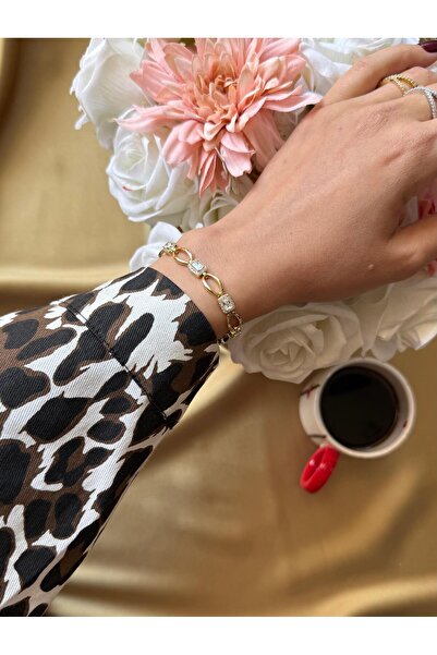 MonCheriAccessoire 14K Altın Kaplama Zirkon Taşlı Zincir Model Bileklik