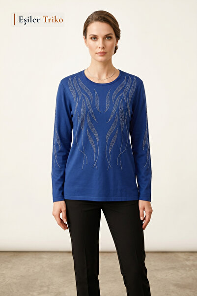 Eşiler Triko Women's Parliament Willow Leaf Patterned Blouse with Stones on t...