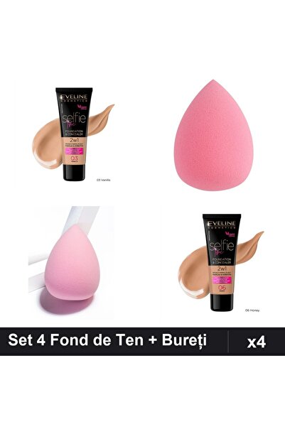 Eveline Set 4 Fond de Ten Selfie Time 2in1, Vanilla & Honey 30ml + 2 Bureți