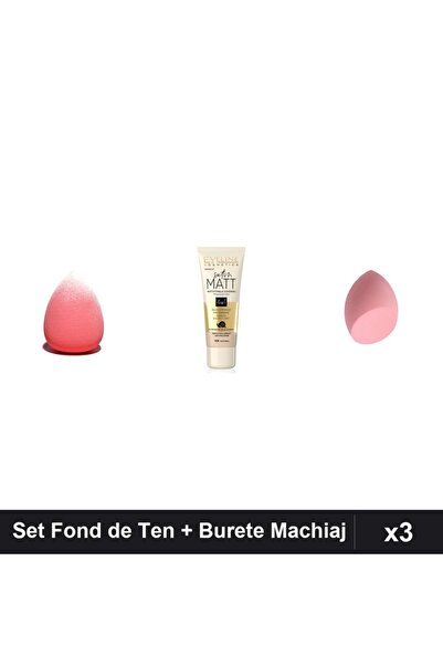 Makeup Set of 3 Eveline Satin Matt Foundation 103 30ml + 2 Makeup Sponges