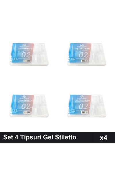 global fashion Set 4 Tipsuri Gel 120buc, 12 Mărimi, Stiletto 5XL Extra-Lung N...