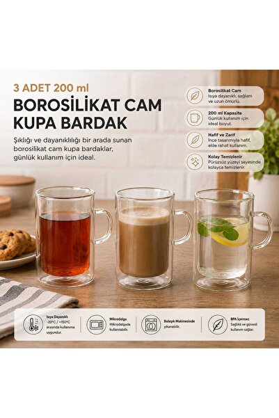 Şanlıavm 3 LÜ Borosilikat Cam Kupa Bardak Seti- Şıklık ve Dayanaklılık Bir arada