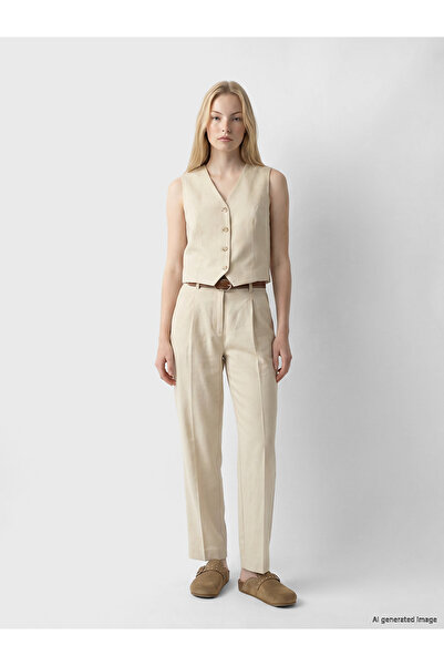 LC Waikiki Peak New Season Belted Linen Blend Women's Pleated Trousers