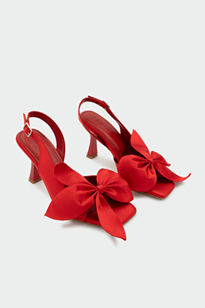 LAMİNTA Molina Bow Detailed Women's Red Satin Heeled Shoes