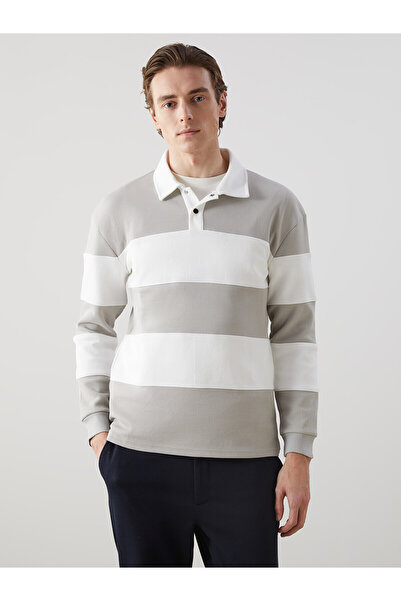 LC Waikiki Nevavm Polo Collar Long Sleeve Striped Men's Sweatshirt with a Dif...