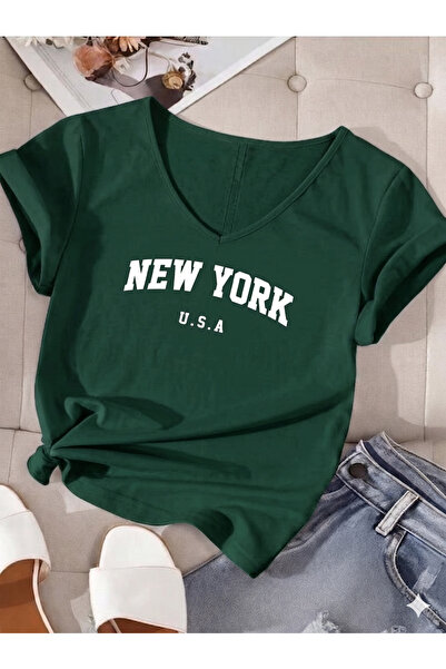 BW Bravely Wear V-Neck Newyork Usa Printed Women's Regular Fit Tshirt
