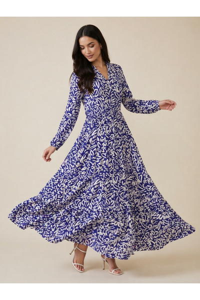 Victor and Jane By Styli Navy Blue All Over Print V Neck Maxi Dress
