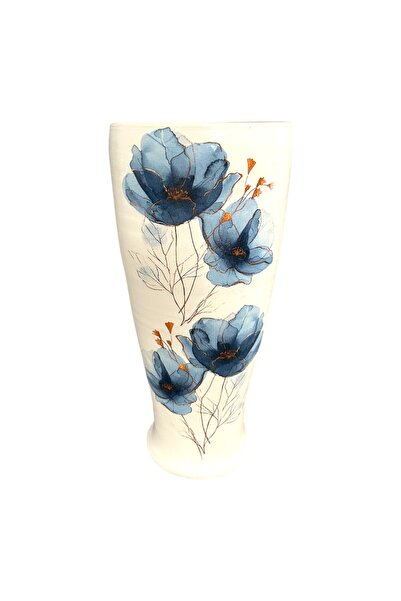 Ceramica Martinescu Hand-painted white ceramic vase, 30 cm, wide mouth, blue ...