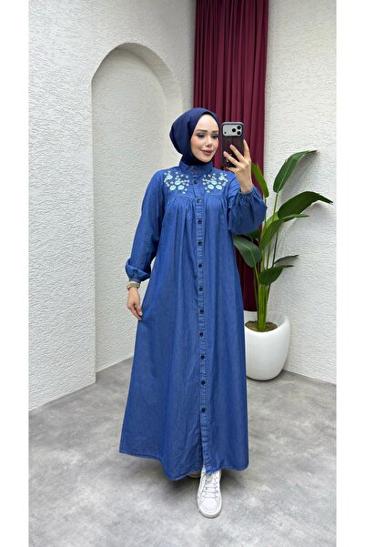 M O L İ T A Nakış Detaylı Kot Tesettür Elbise - Düğmeli Uzun Denim Elbise