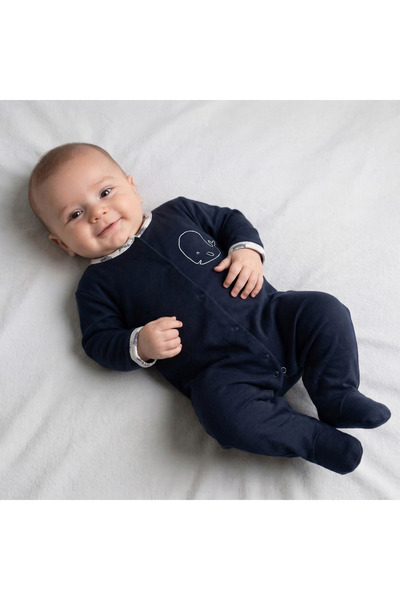 MIDIRIK ÇELEBİ bebe Minimal Balina Desenli %100 Pamuk Bebek Tulumu - Lacivert...